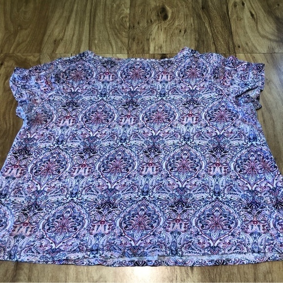 J Jill Love Linen Short Sleeve T Shirt Pink Purple Bohemian Pattern Size 1X Crop - Picture 3 of 7